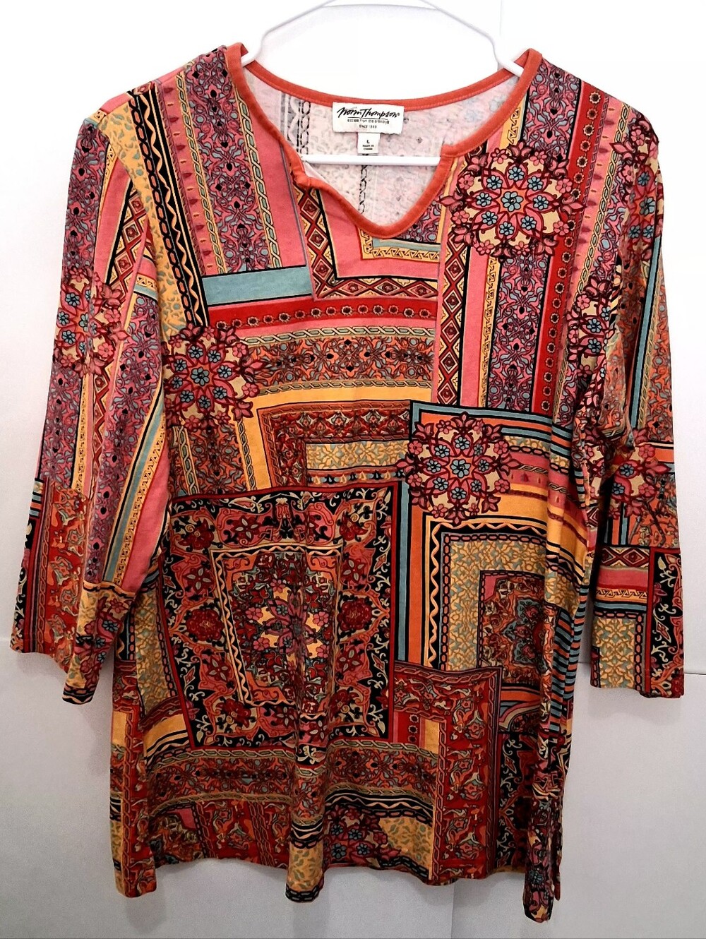 Norm Thompson Coral Patchwork Scoop-Neck Tee Top Size Large